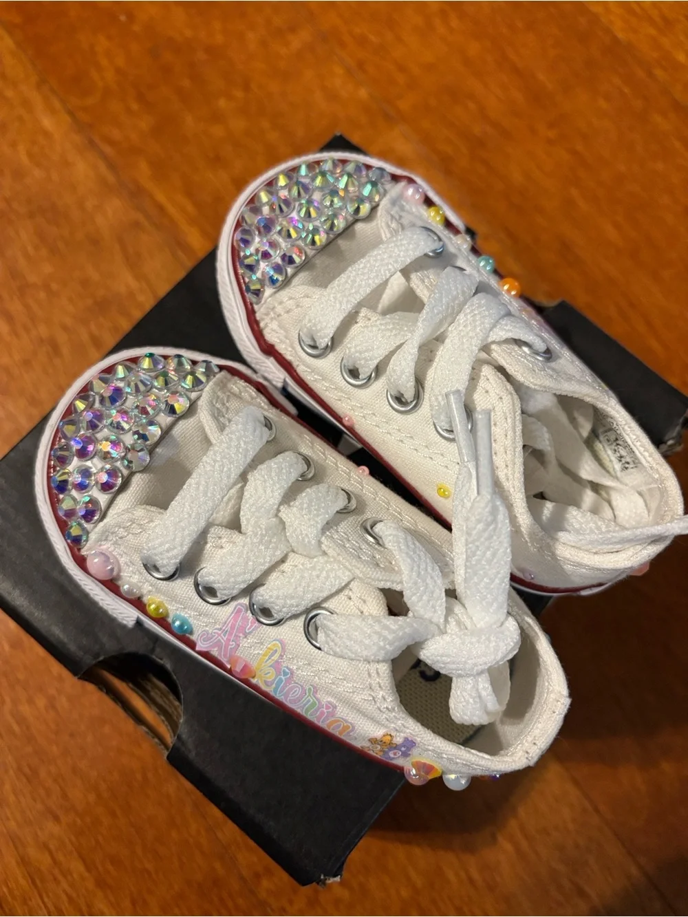 Converse Kids White Canvas Sneakers with Iridescent Rhinestone Toes
